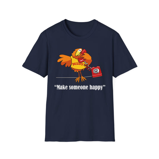 Navy blue t-shirt with Buzby BT bird on retro telephone with 'Make Someone Happy' text