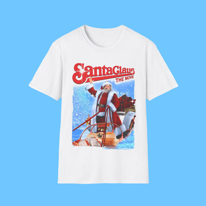 White t-shirt with 'Santa Claus: The Movie' graphic design featuring Santa Claus on a sleigh.
