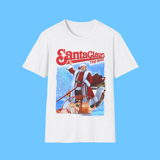 White t-shirt with 'Santa Claus: The Movie' graphic design featuring Santa Claus on a sleigh.