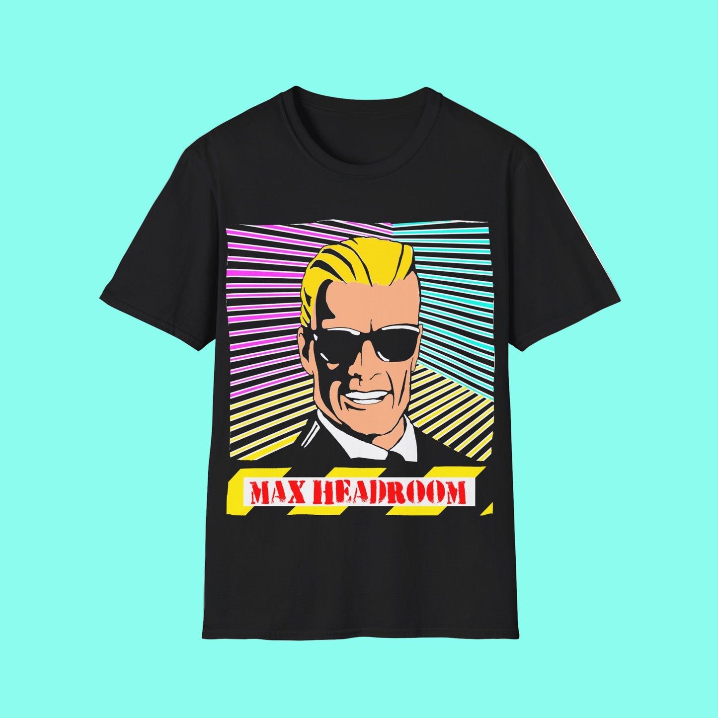 Black t-shirt with a graphic of a character in sunglasses and bow tie, with 'MAX HEADROOM' text on a white background.