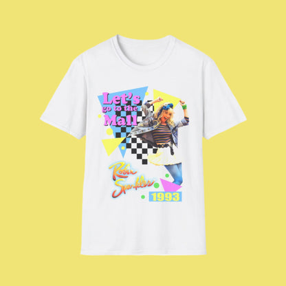 White t-shirt with colourful 90s Robin Sparkles graphics and Lets got to the Mall text on a yellow background