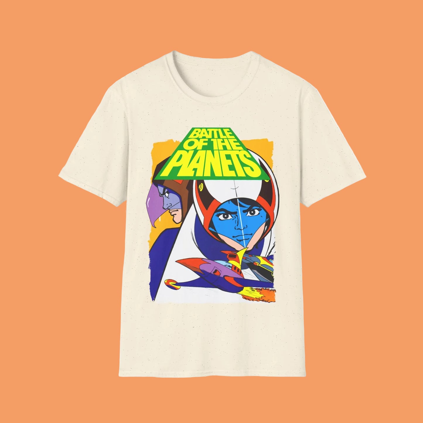Beige t-shirt with 'Battle of the Planets' graphic design 