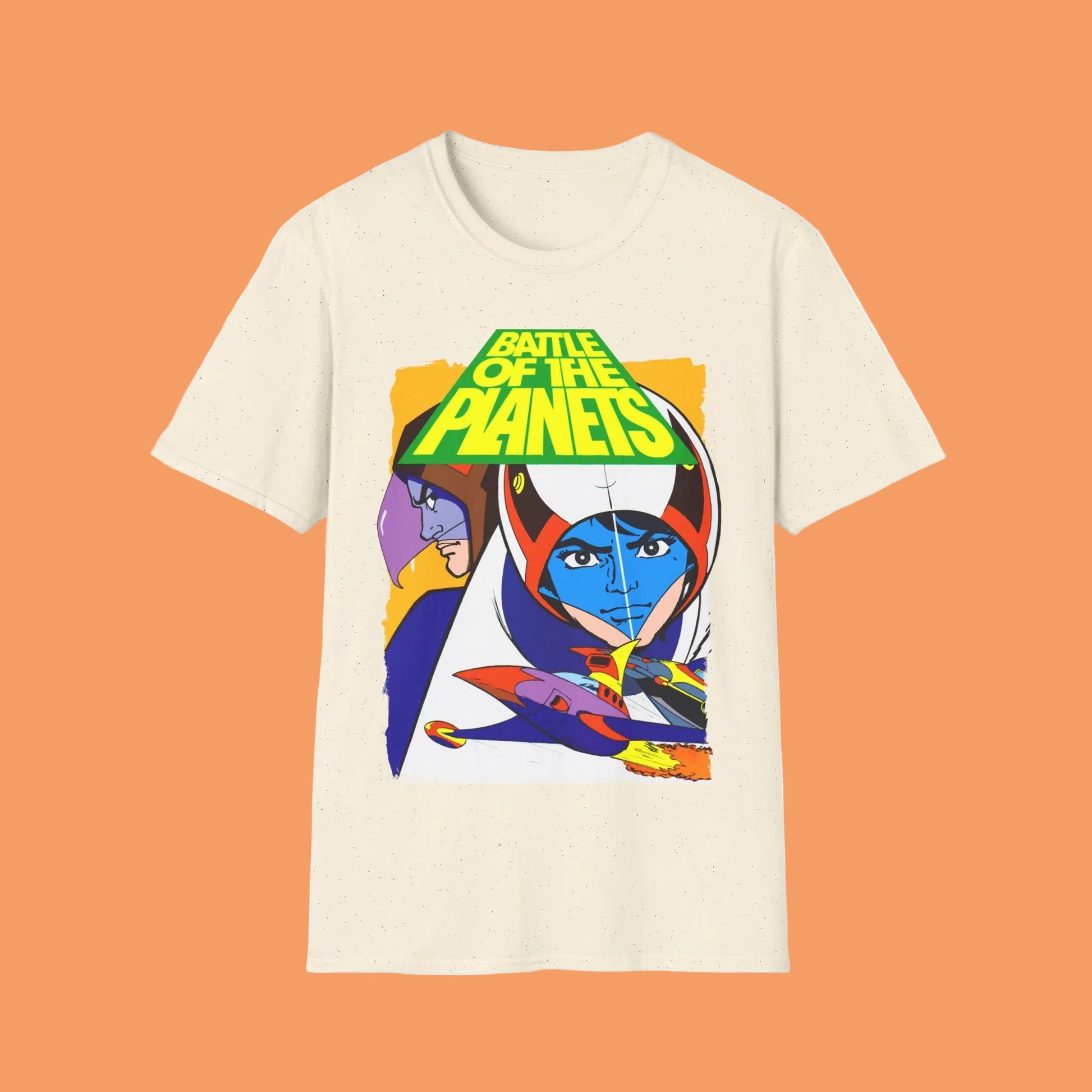Beige t-shirt with 'Battle of the Planets' graphic design 