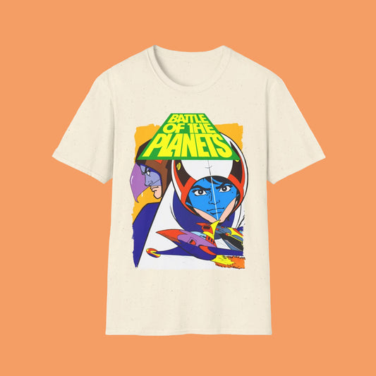 Beige t-shirt with 'Battle of the Planets' graphic design 