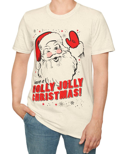 Person wearing a cream t-shirt with Santa Claus graphic and text on a white background