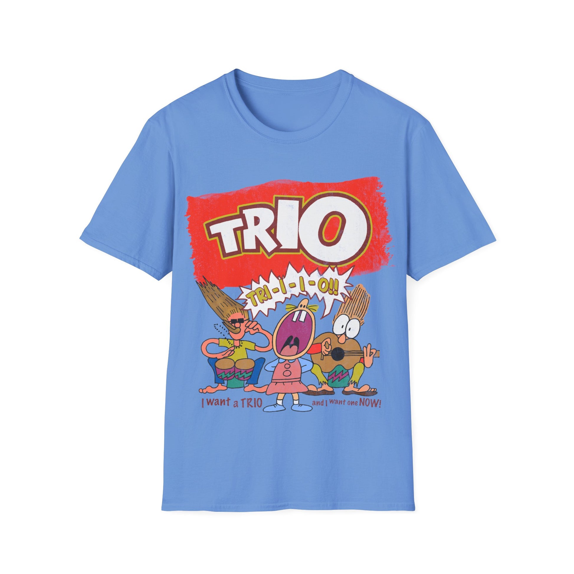 Blue t-shirt with cartoon characters and 'TRIO' text on a white background