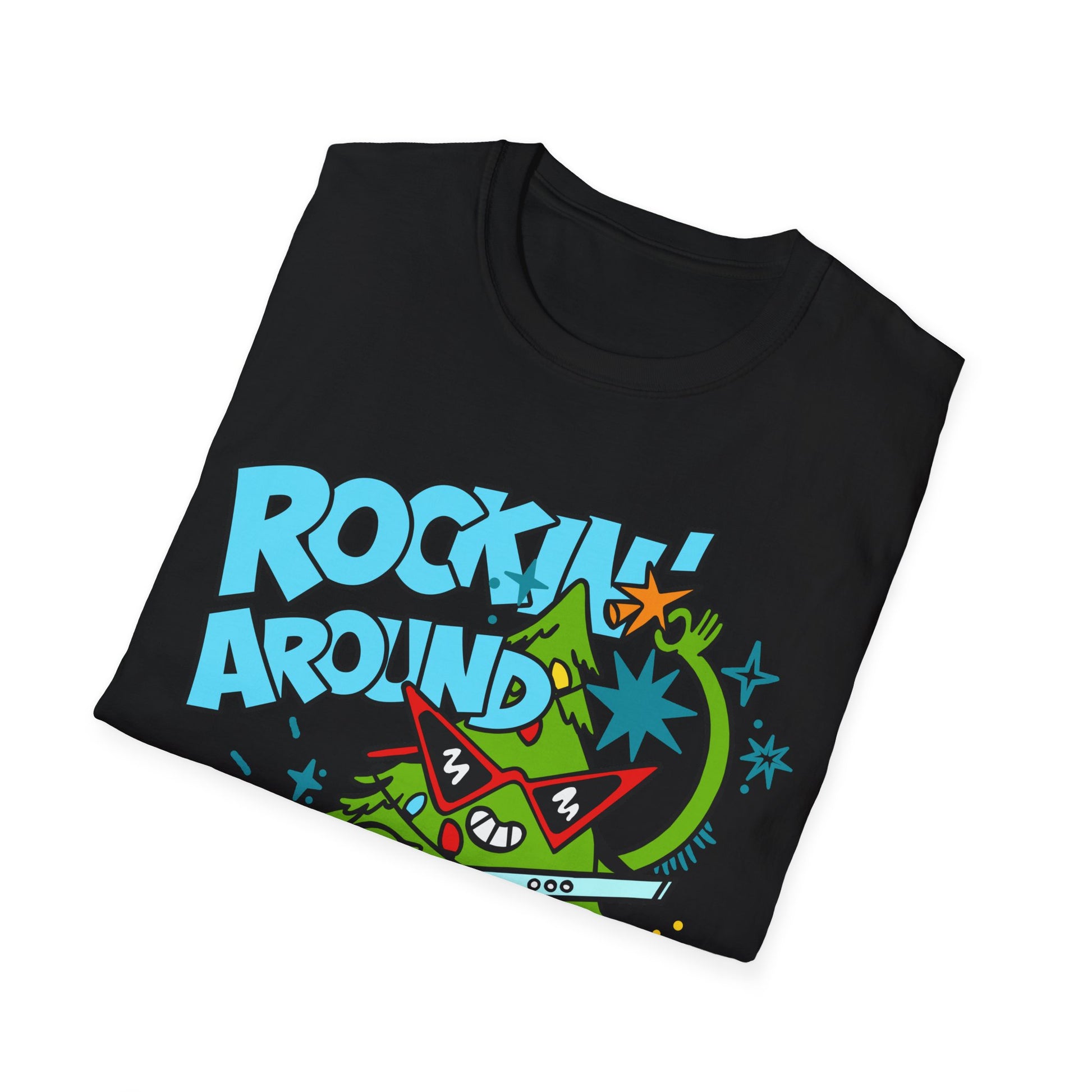 Black t-shirt with colorful graphic design and 'Rockin' Around' text on a white background