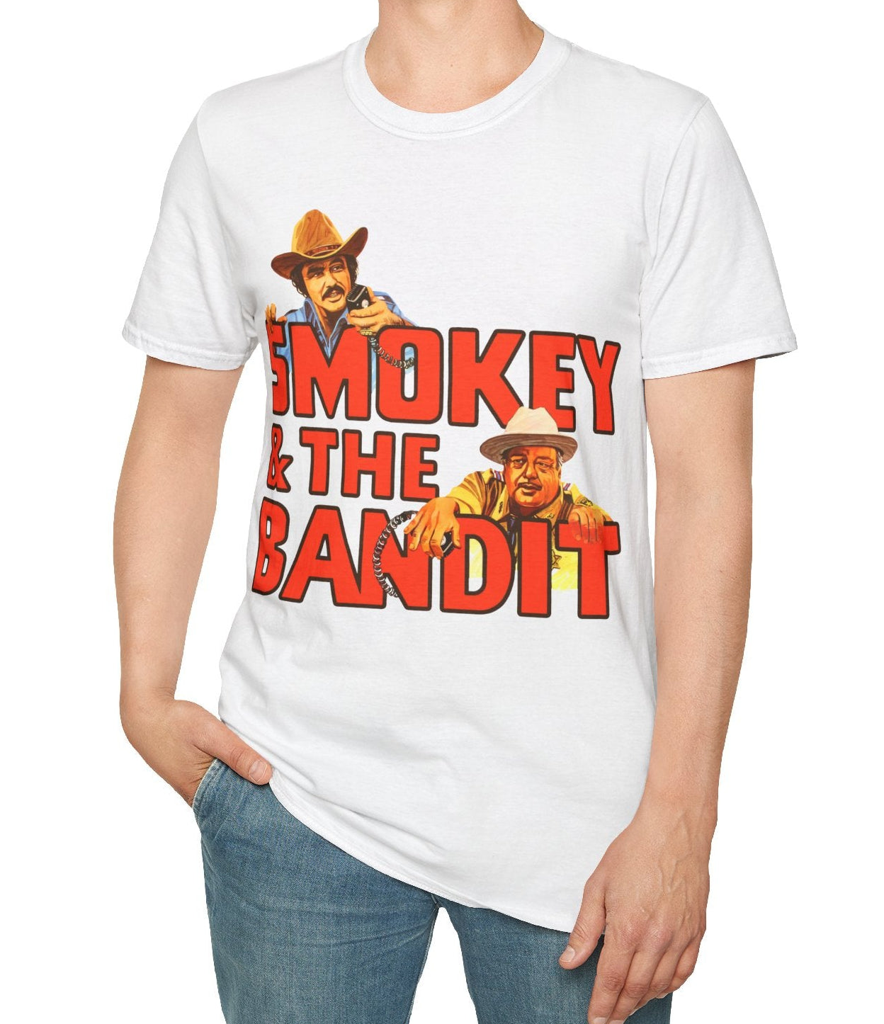 Person wearing a white t-shirt with 'Smokey & The Bandit' graphic design on a white background