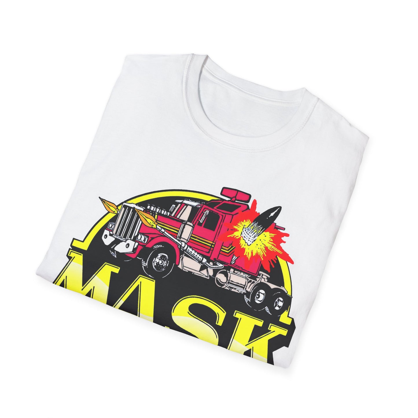 White t-shirt with a colorful graphic design on a white background