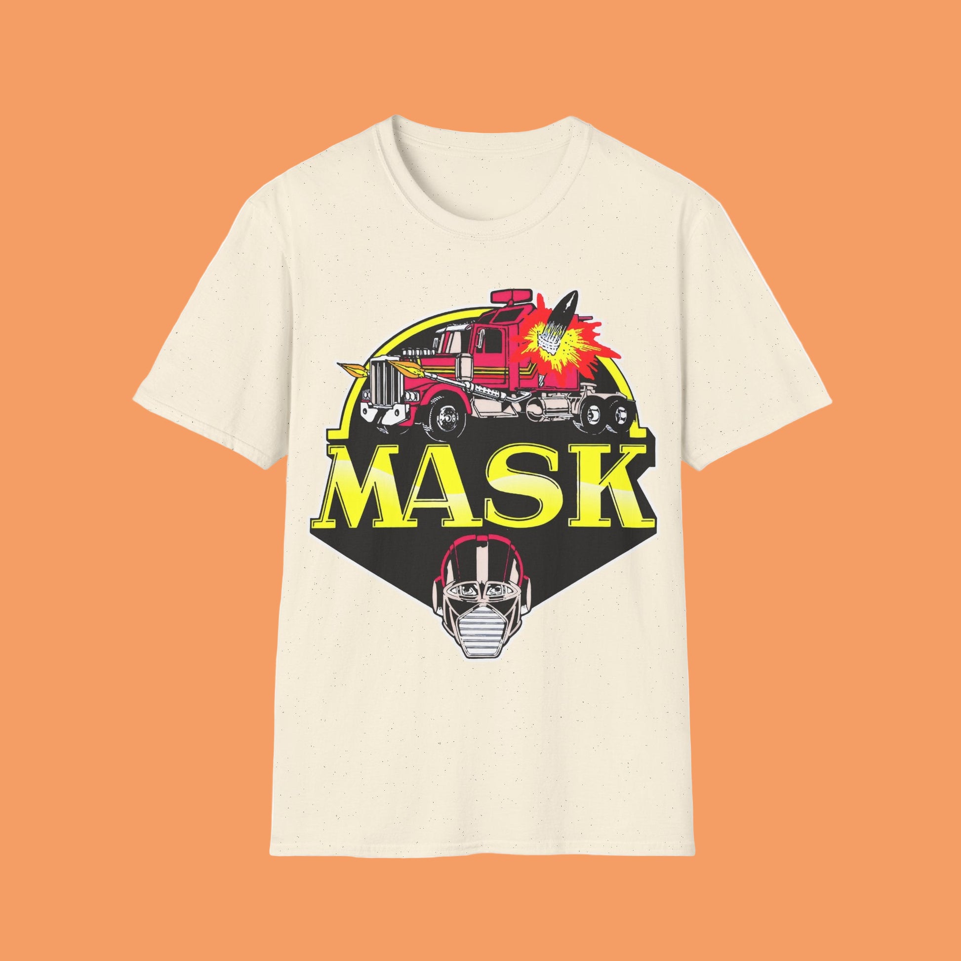 Beige t-shirt with 'MASK' graphic design featuring a fire truck and mask on a white background