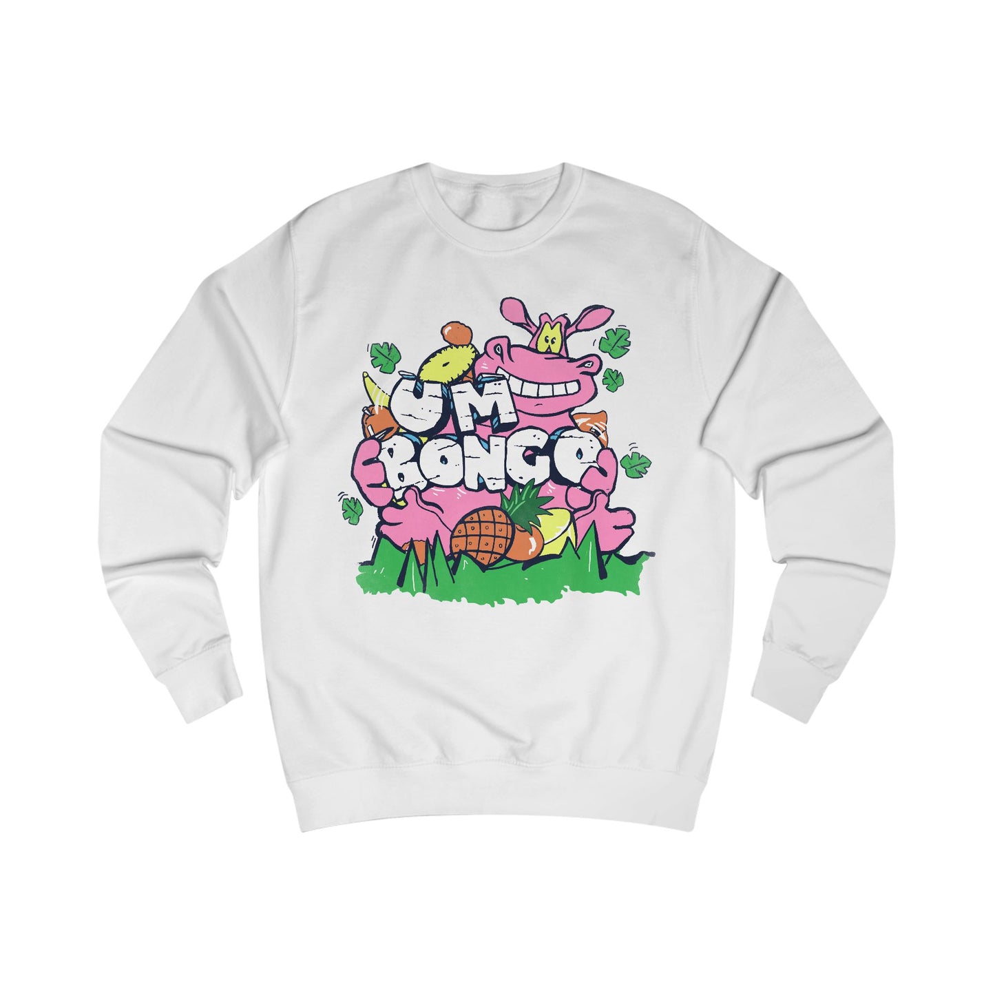 Official Um Bongo Hippo white sweatshirt with colourful graphic Hippo design, Exclusive to Retro Tees