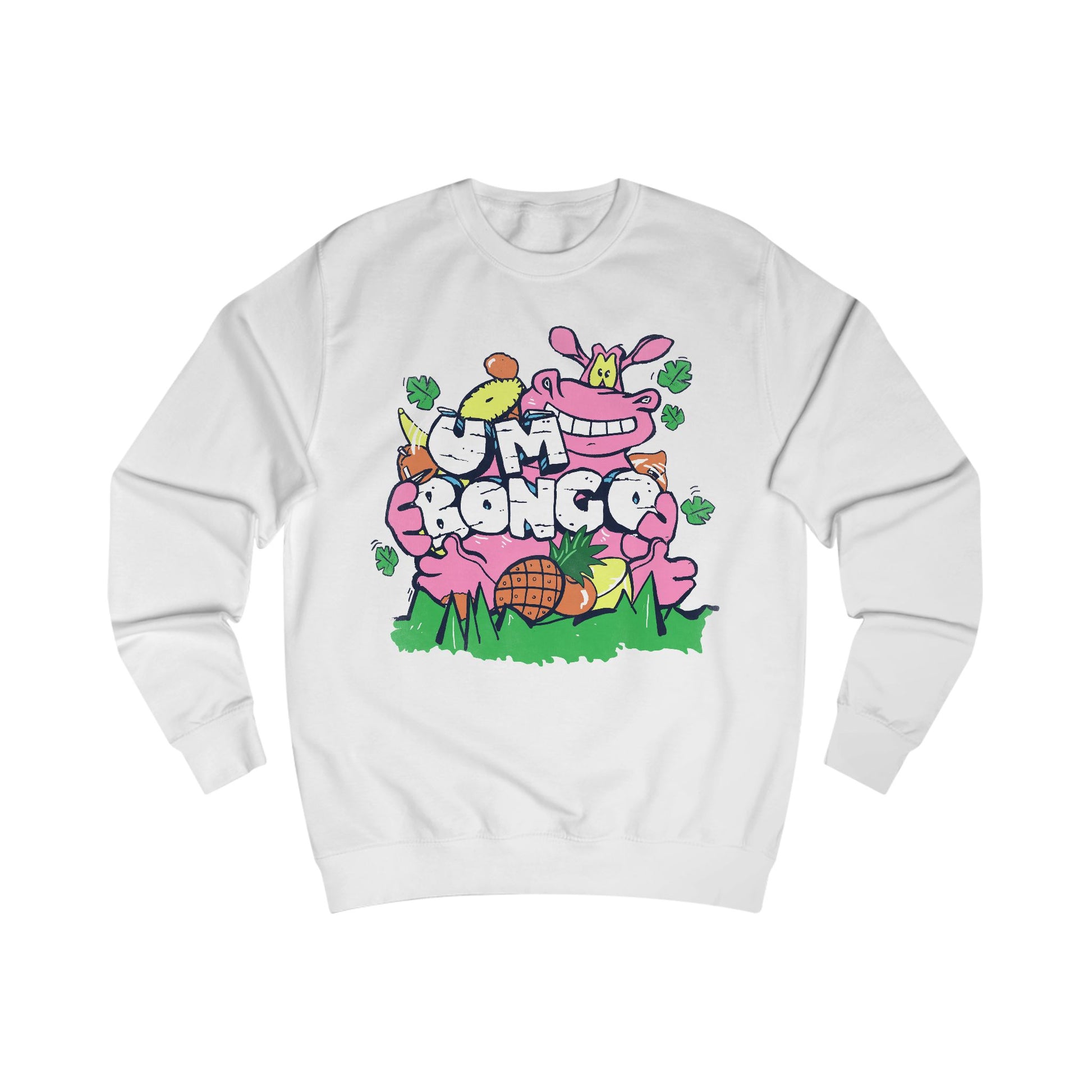 Official Um Bongo Hippo white sweatshirt with colourful graphic Hippo design, Exclusive to Retro Tees