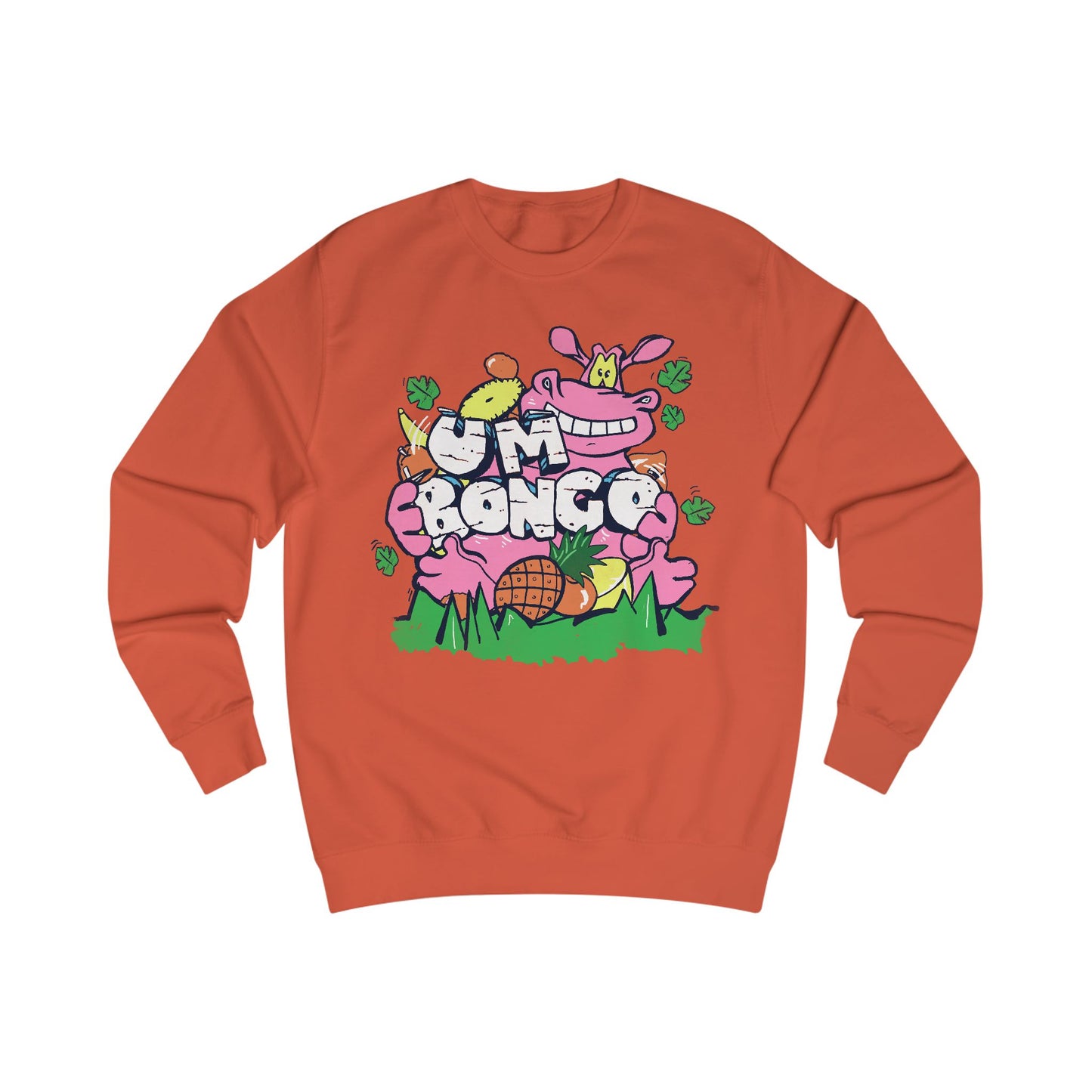 Official Um Bongo Hippo Burnt Orange  sweatshirt with colourful graphic Hippo design, Exclusive to Retro Tees