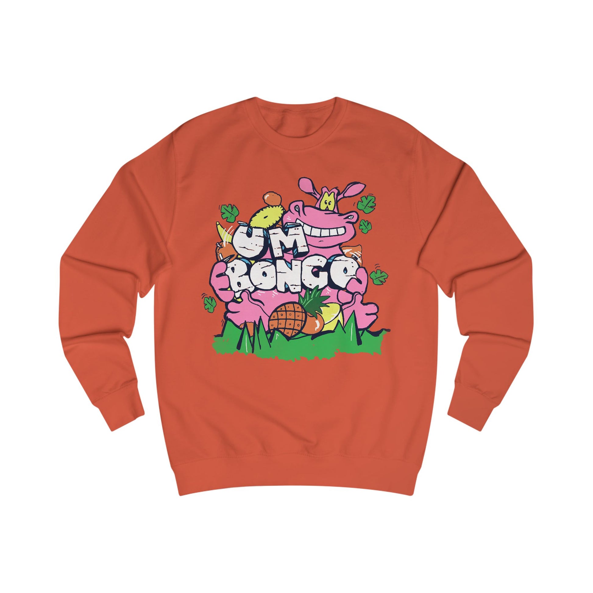 Official Um Bongo Hippo Burnt Orange  sweatshirt with colourful graphic Hippo design, Exclusive to Retro Tees