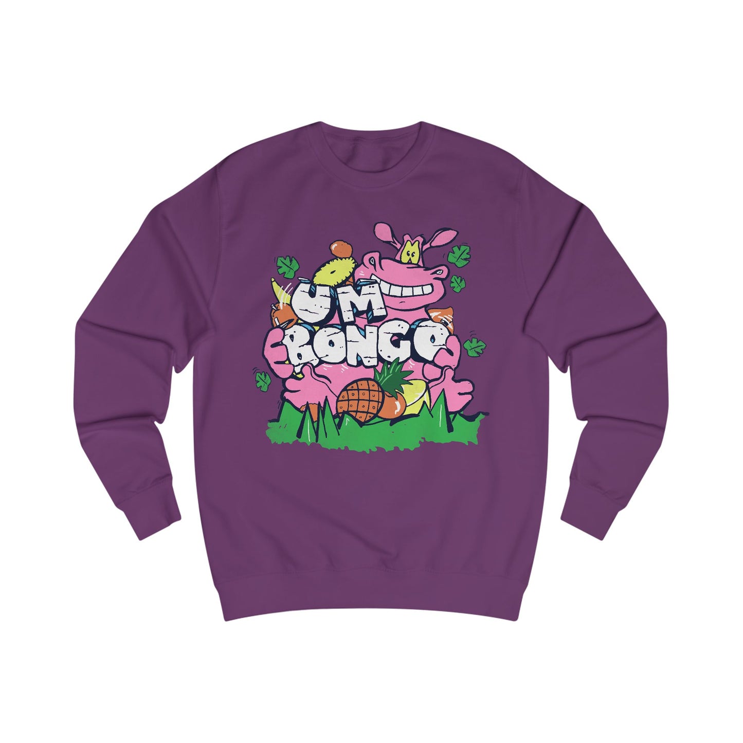 Official Um Bongo Hippo Purple sweatshirt with colourful graphic Hippo design, Exclusive to Retro Tees