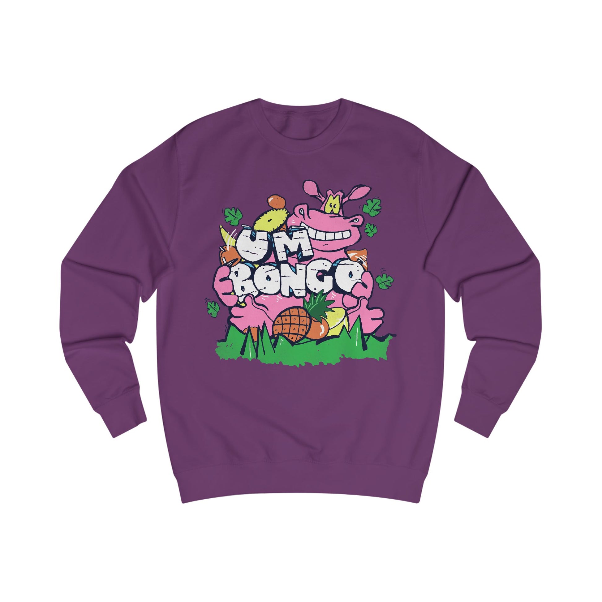 Official Um Bongo Hippo Purple sweatshirt with colourful graphic Hippo design, Exclusive to Retro Tees