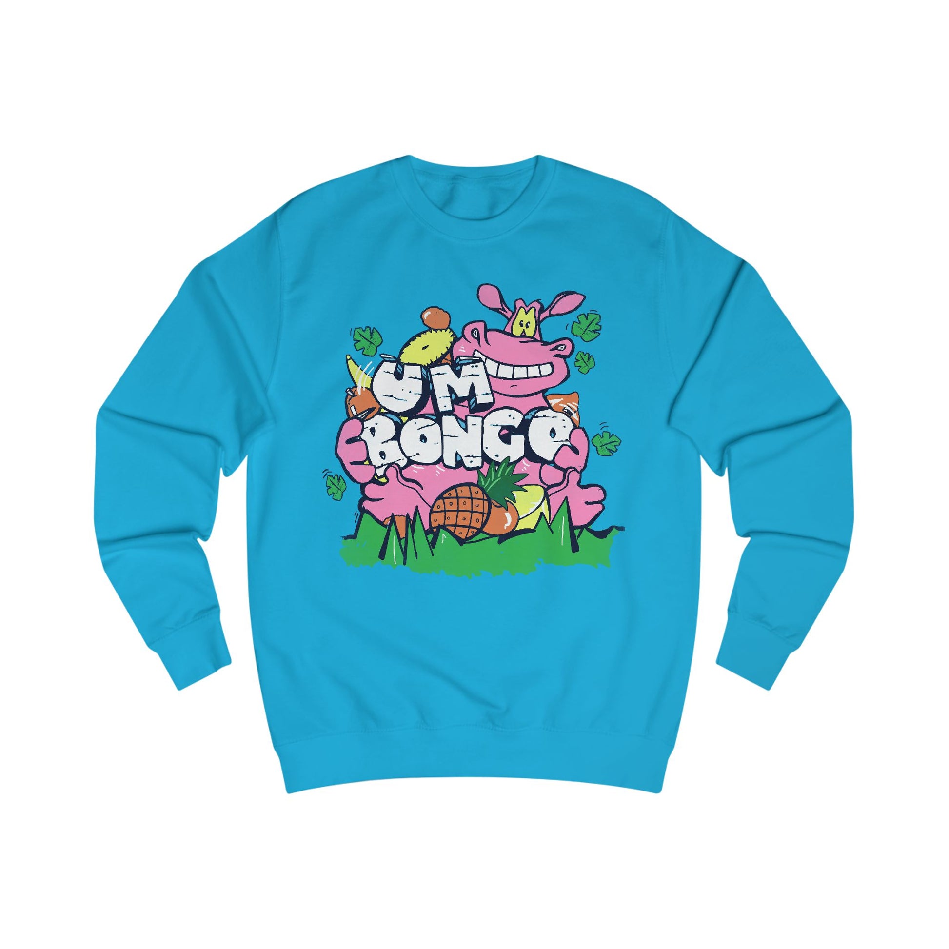 Official Um Bongo Hippo bright blue sweatshirt with colourful graphic Hippo design, Exclusive to Retro Tees
