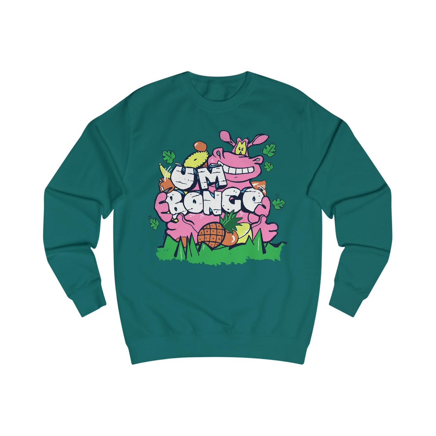 Official Um Bongo Hippo jade sweatshirt with colourful graphic Hippo design, Exclusive to Retro Tees