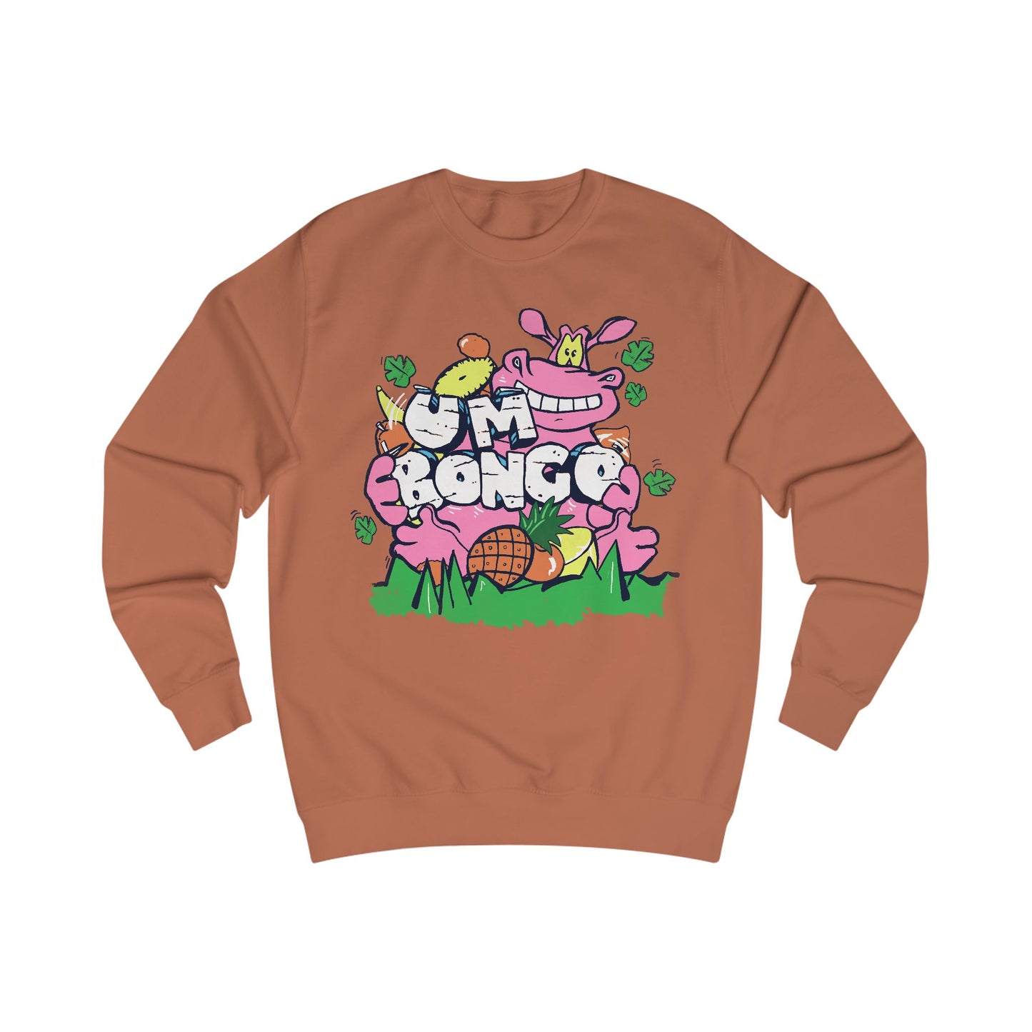 Official Um Bongo Hippo brown sweatshirt with colourful graphic Hippo design, Exclusive to Retro Tees