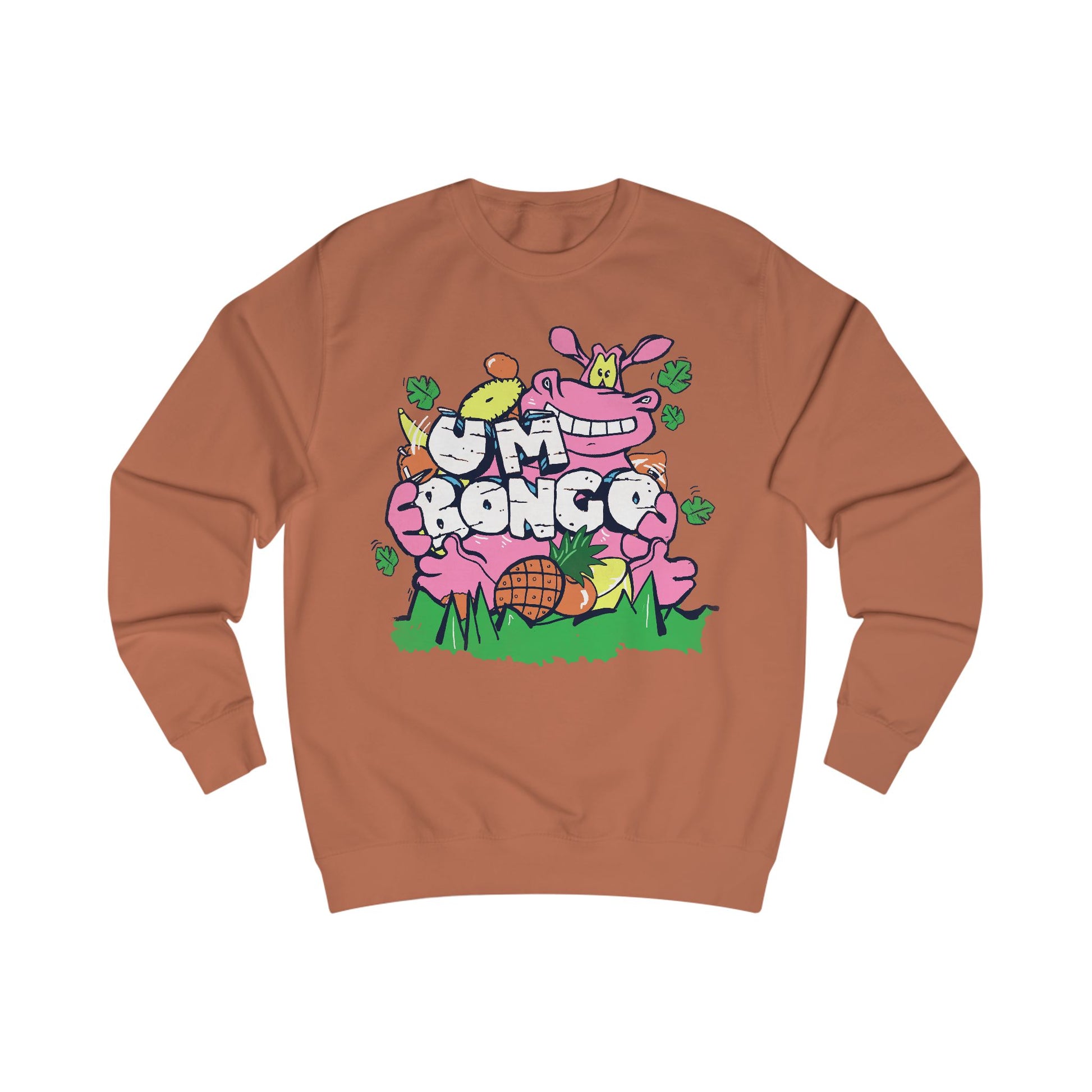 Official Um Bongo Hippo brown sweatshirt with colourful graphic Hippo design, Exclusive to Retro Tees