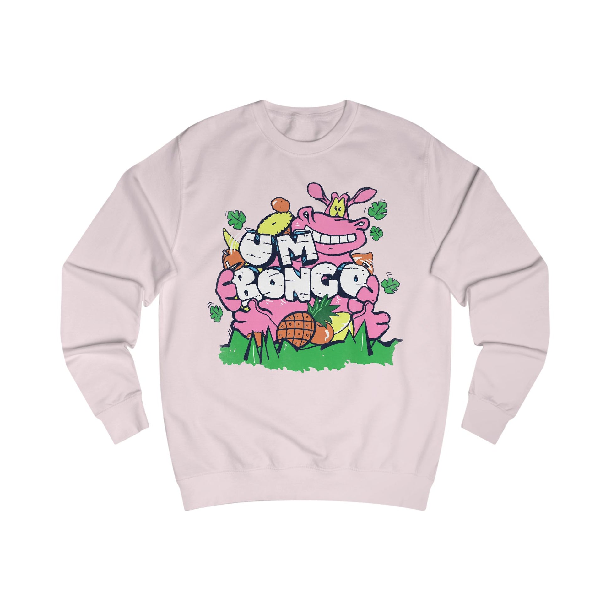 Official Um Bongo Hippo baby pink sweatshirt with colourful graphic Hippo design, Exclusive to Retro Tees