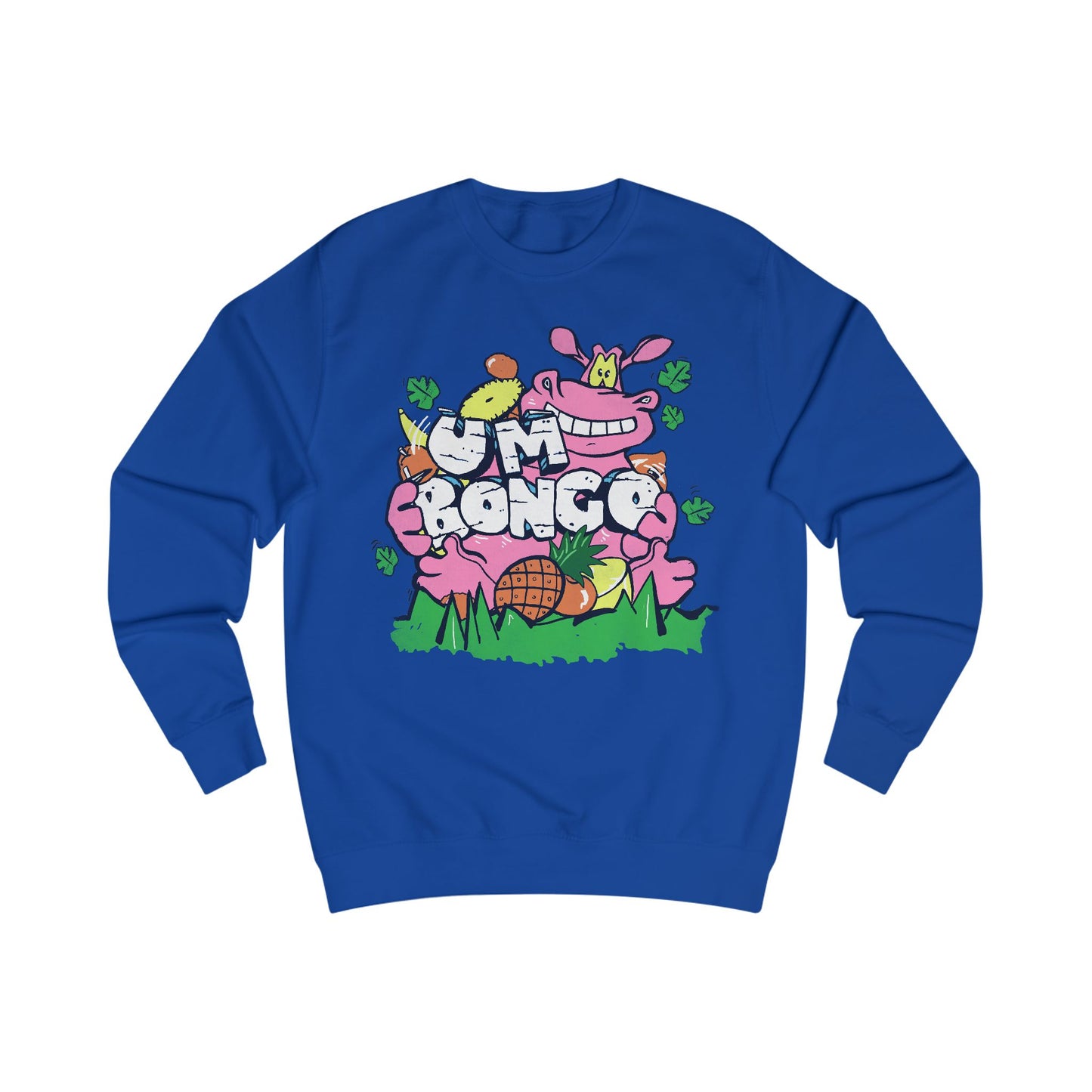 Official Um Bongo Hippo blue  sweatshirt with colourful graphic Hippo design, Exclusive to Retro Tees