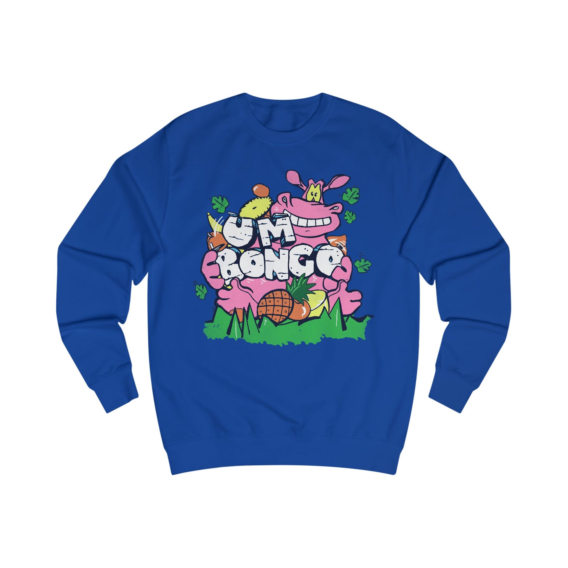 Official Um Bongo Hippo blue  sweatshirt with colourful graphic Hippo design, Exclusive to Retro Tees