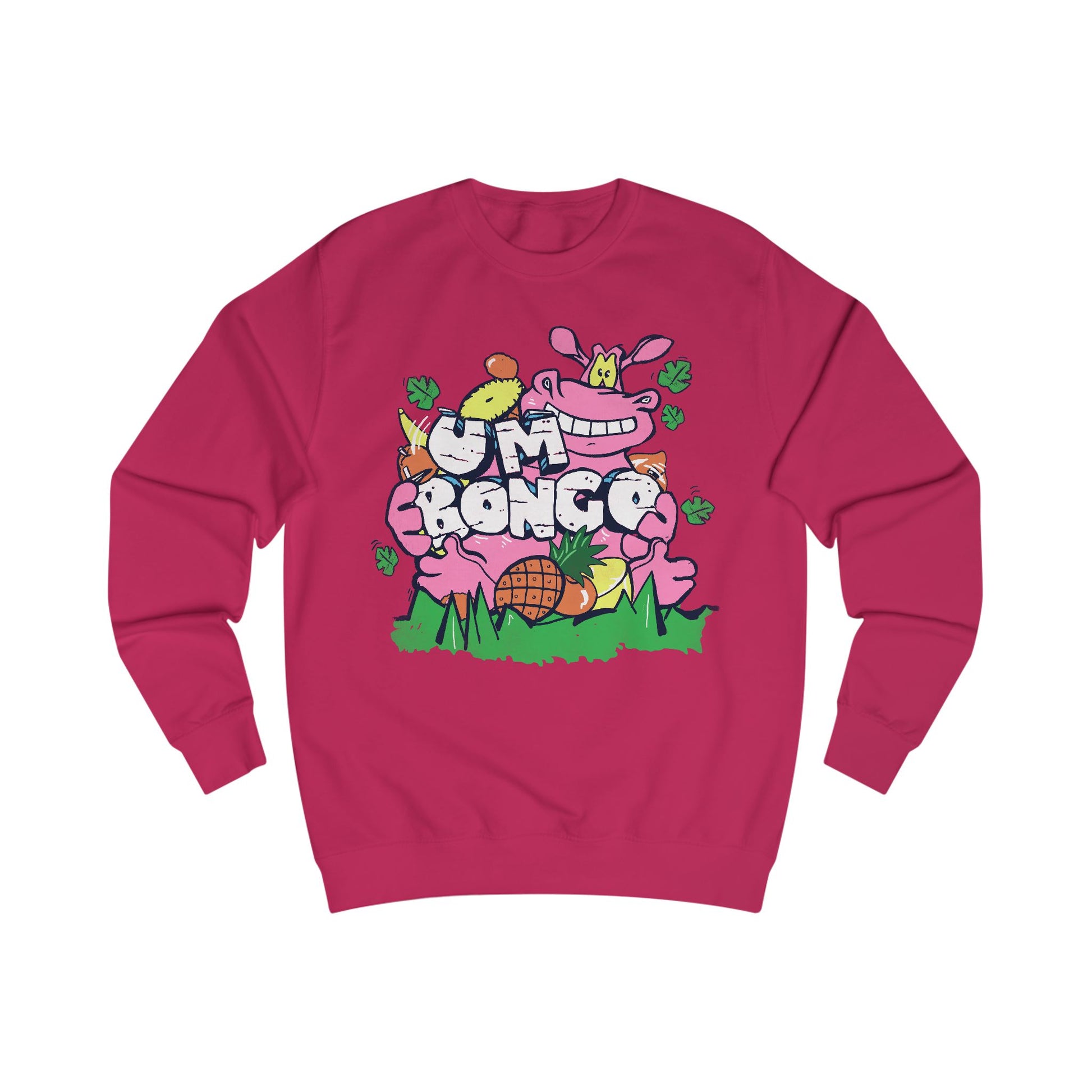 Official Um Bongo Hippo cranberry  sweatshirt with colourful graphic Hippo design, Exclusive to Retro Tees