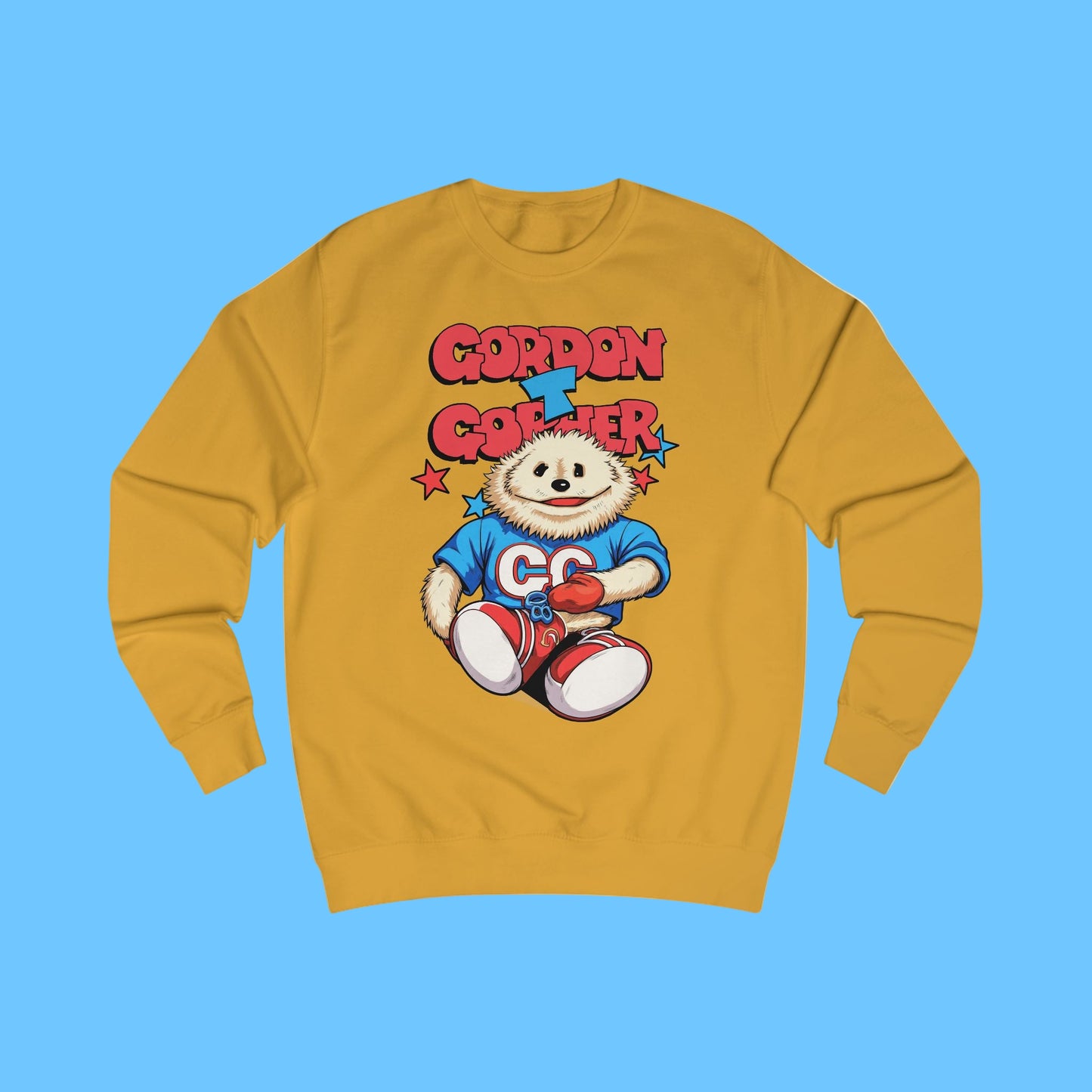 Yellow sweatshirt with a cartoon 80s Puppet character and 'Gordon T Gopher' text 