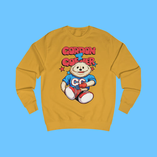 Yellow sweatshirt with a cartoon 80s Puppet character and 'Gordon T Gopher' text 