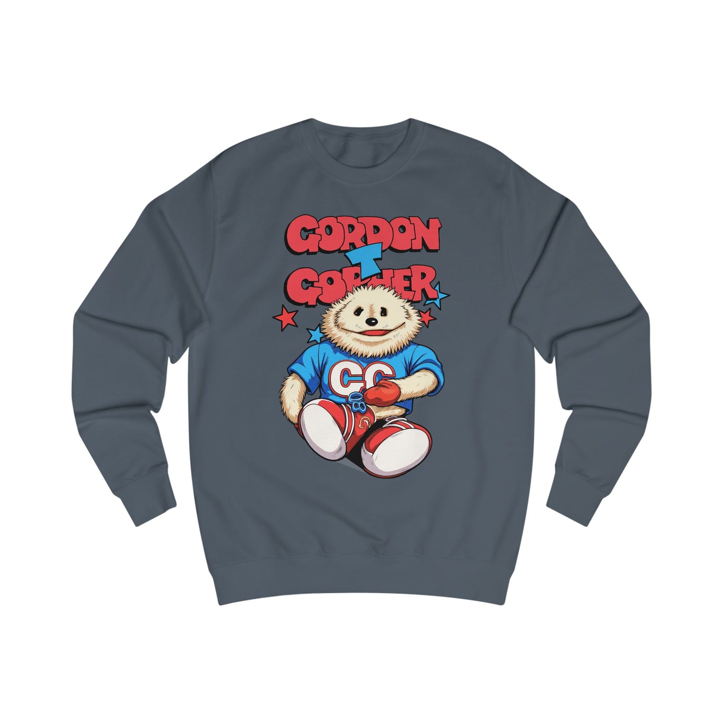 Grey sweatshirt with a cartoon 80s Puppet character and 'Gordon T Gopher' text 