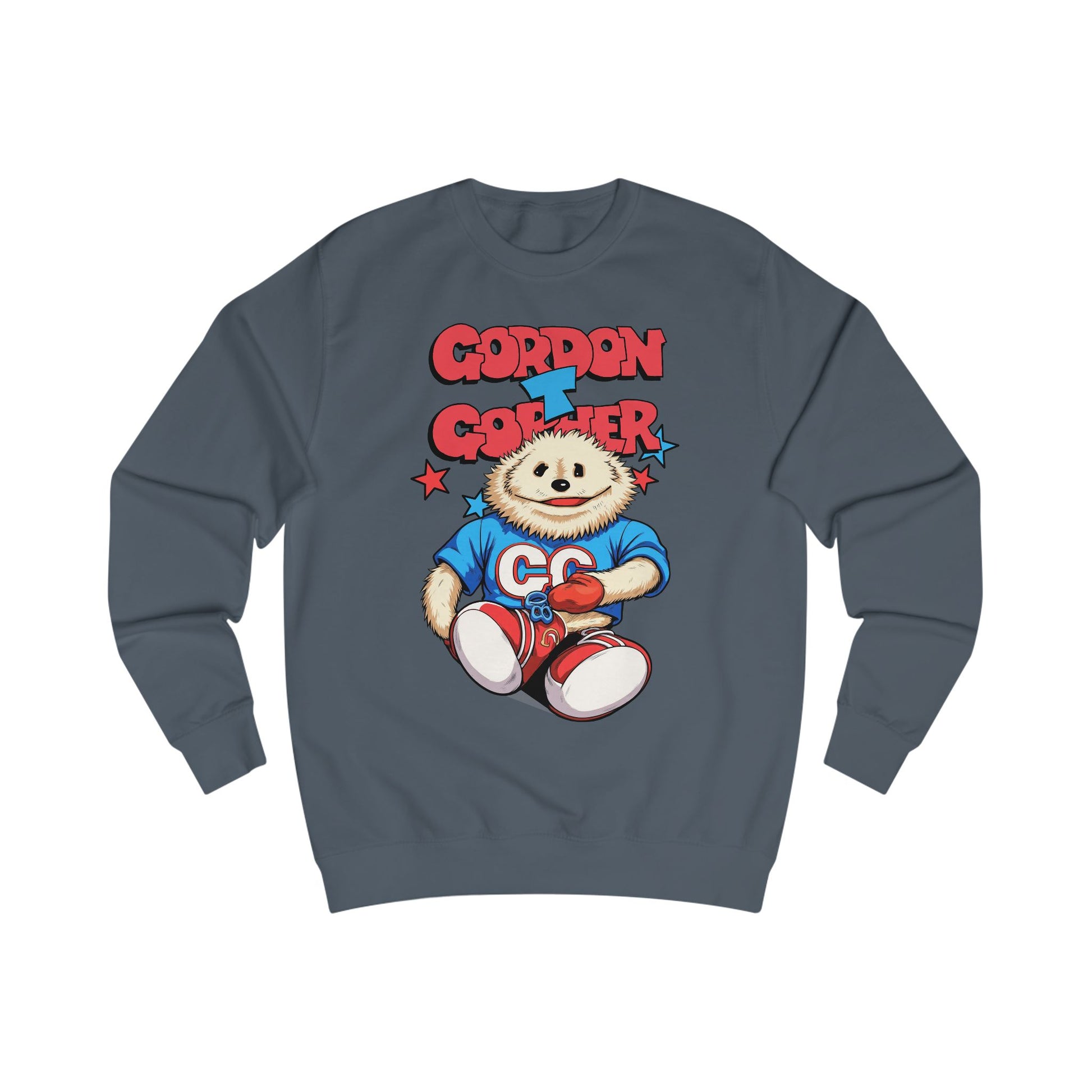 Grey sweatshirt with a cartoon 80s Puppet character and 'Gordon T Gopher' text 