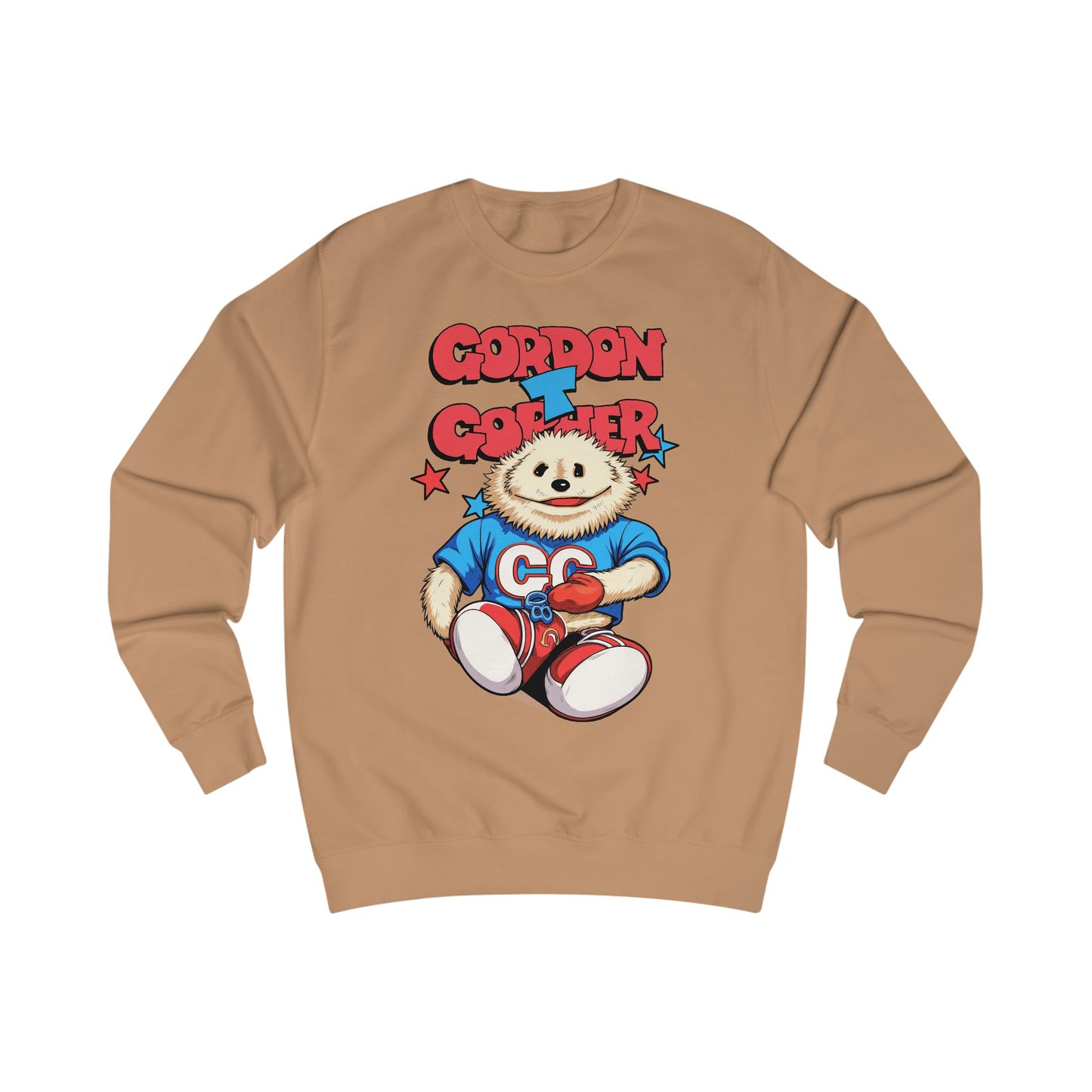 Brown sweatshirt with a cartoon 80s Puppet character and 'Gordon T Gopher' text 