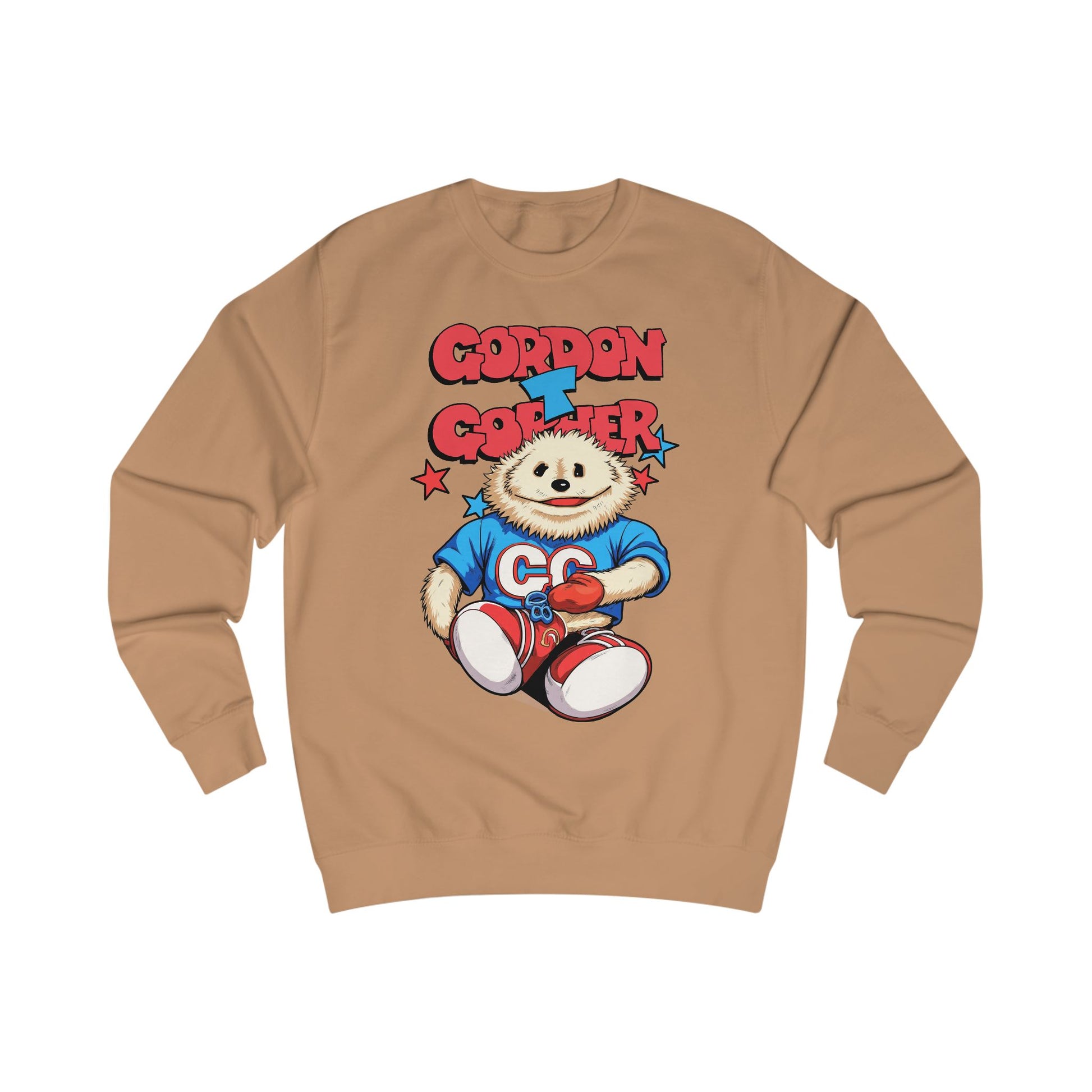 Brown sweatshirt with a cartoon 80s Puppet character and 'Gordon T Gopher' text 