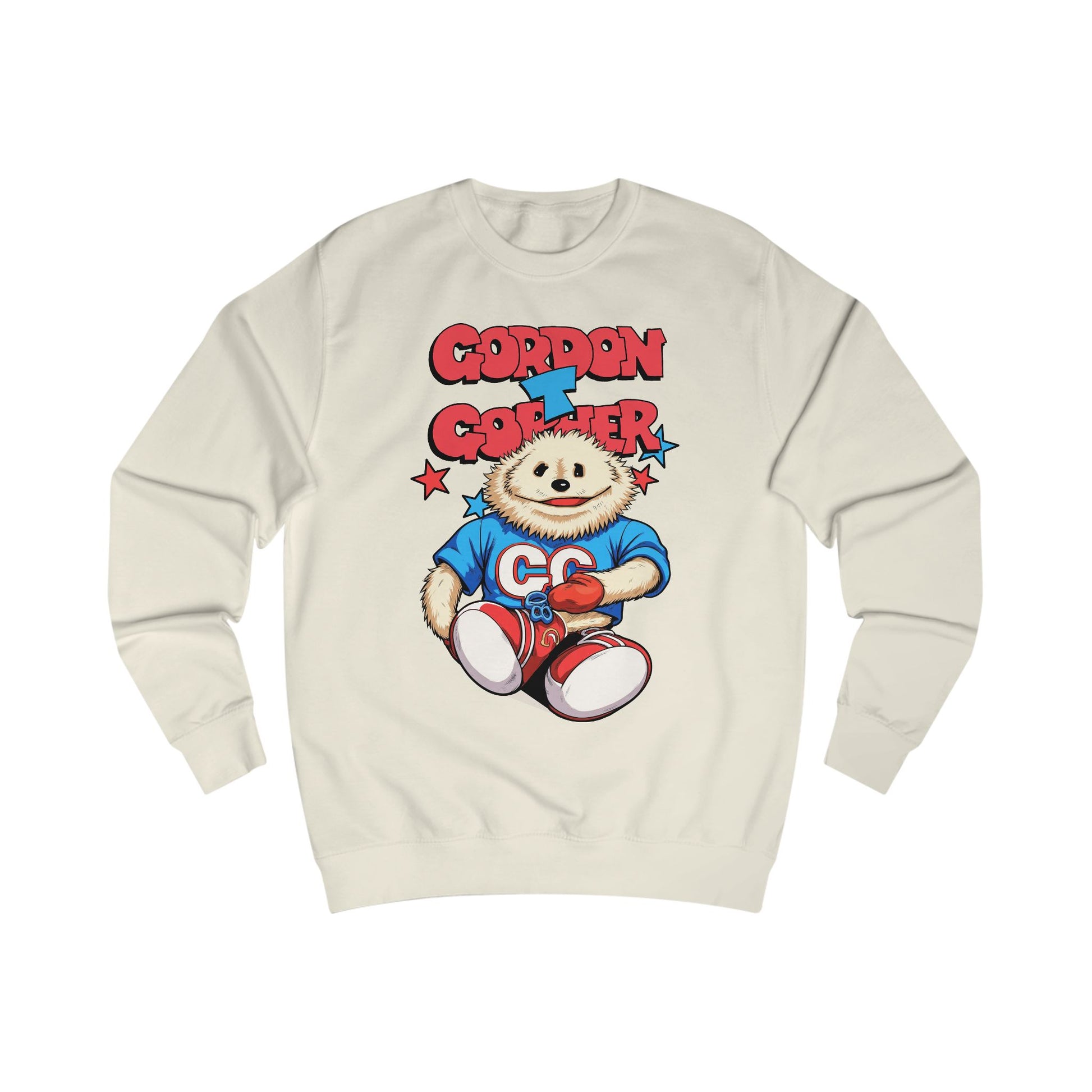 Beige sweatshirt with a cartoon 80s Puppet character and 'Gordon T Gopher' text 