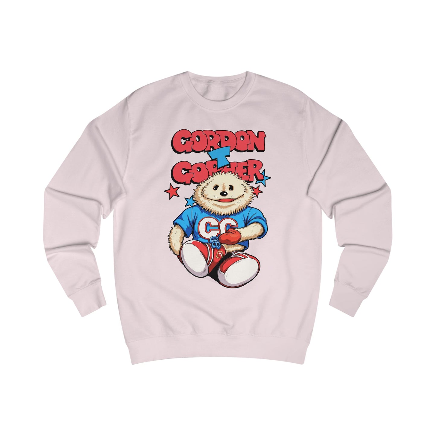 Light pink sweatshirt with a cartoon 80s Puppet character and 'Gordon T Gopher' text 