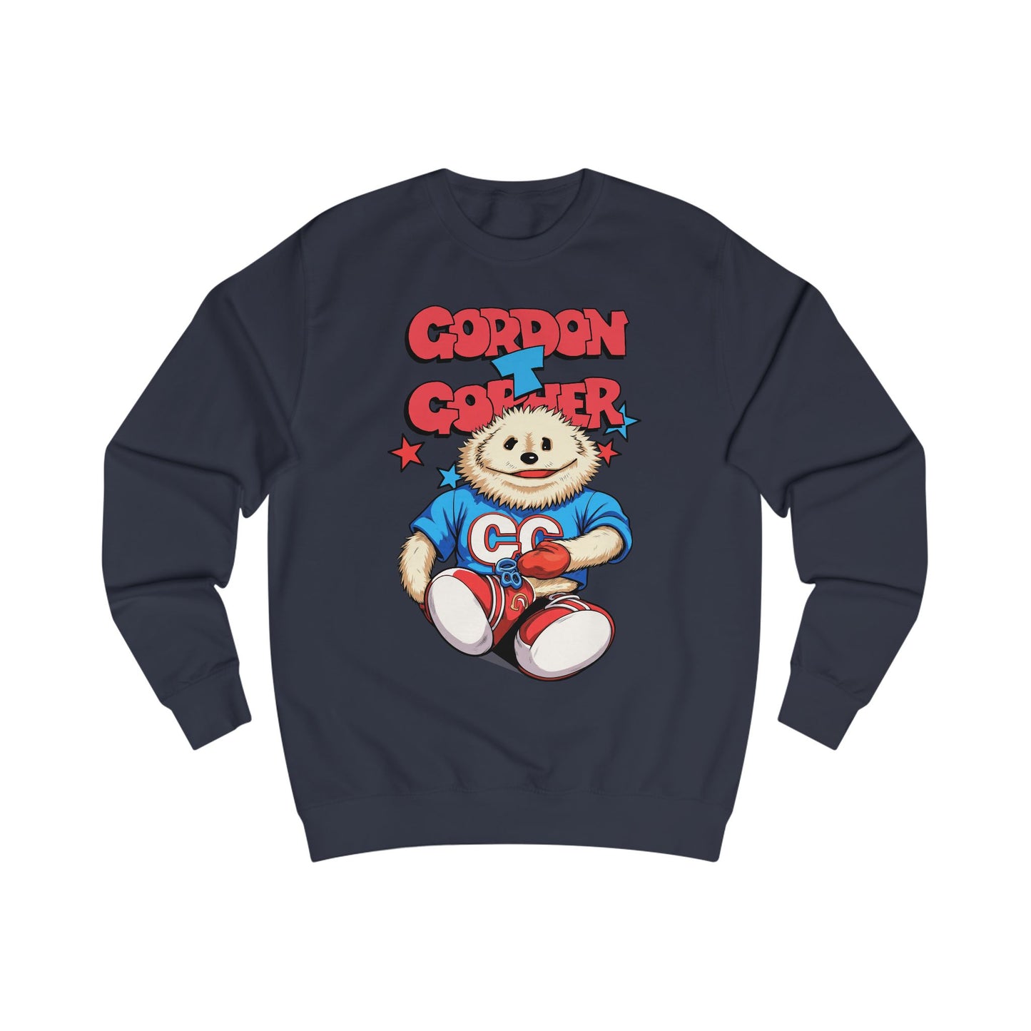 Navy blue sweatshirt with a cartoon character and 'Gordon Gopher' text on a white background
