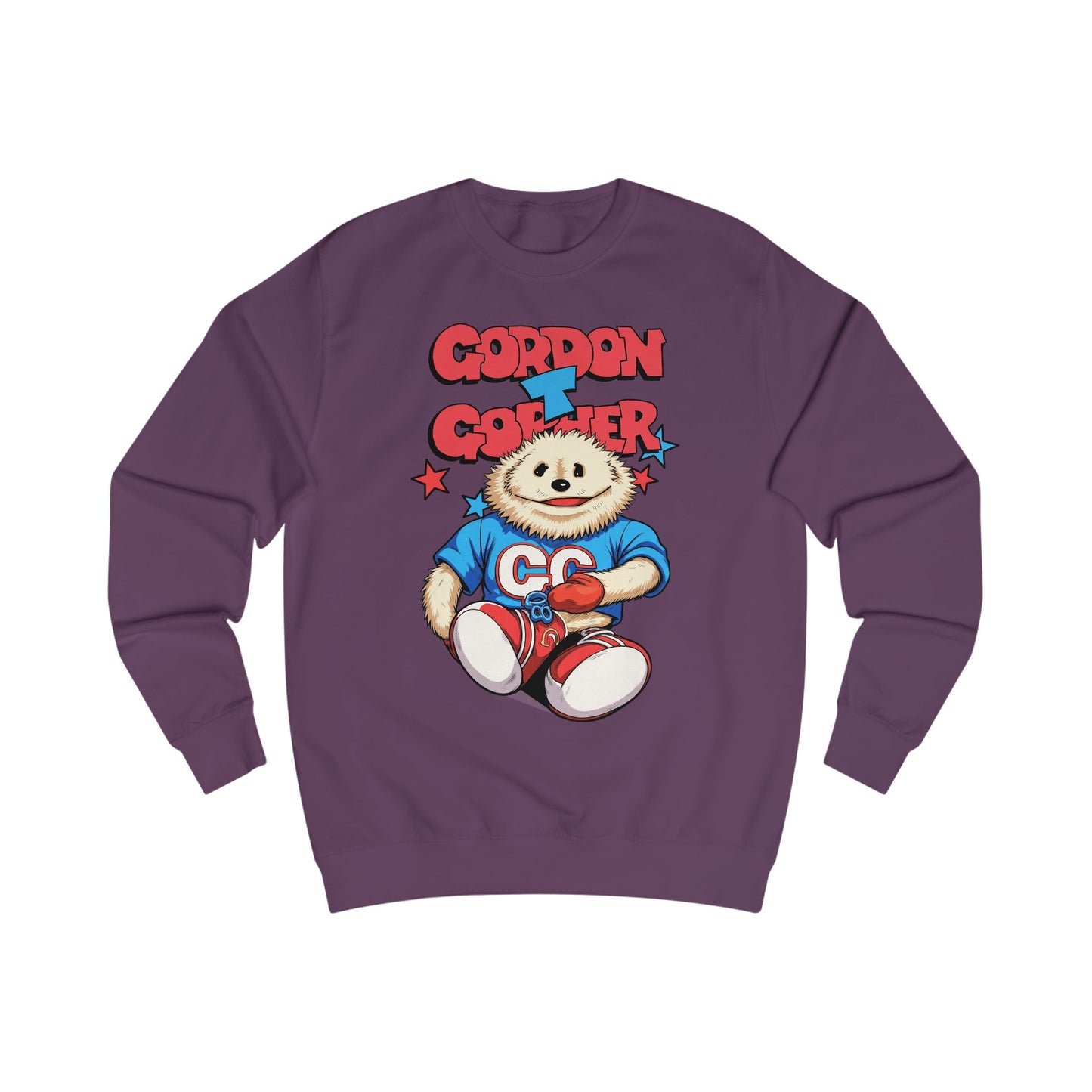 Purple sweatshirt with a cartoon 80s Puppet character and 'Gordon T Gopher' text 