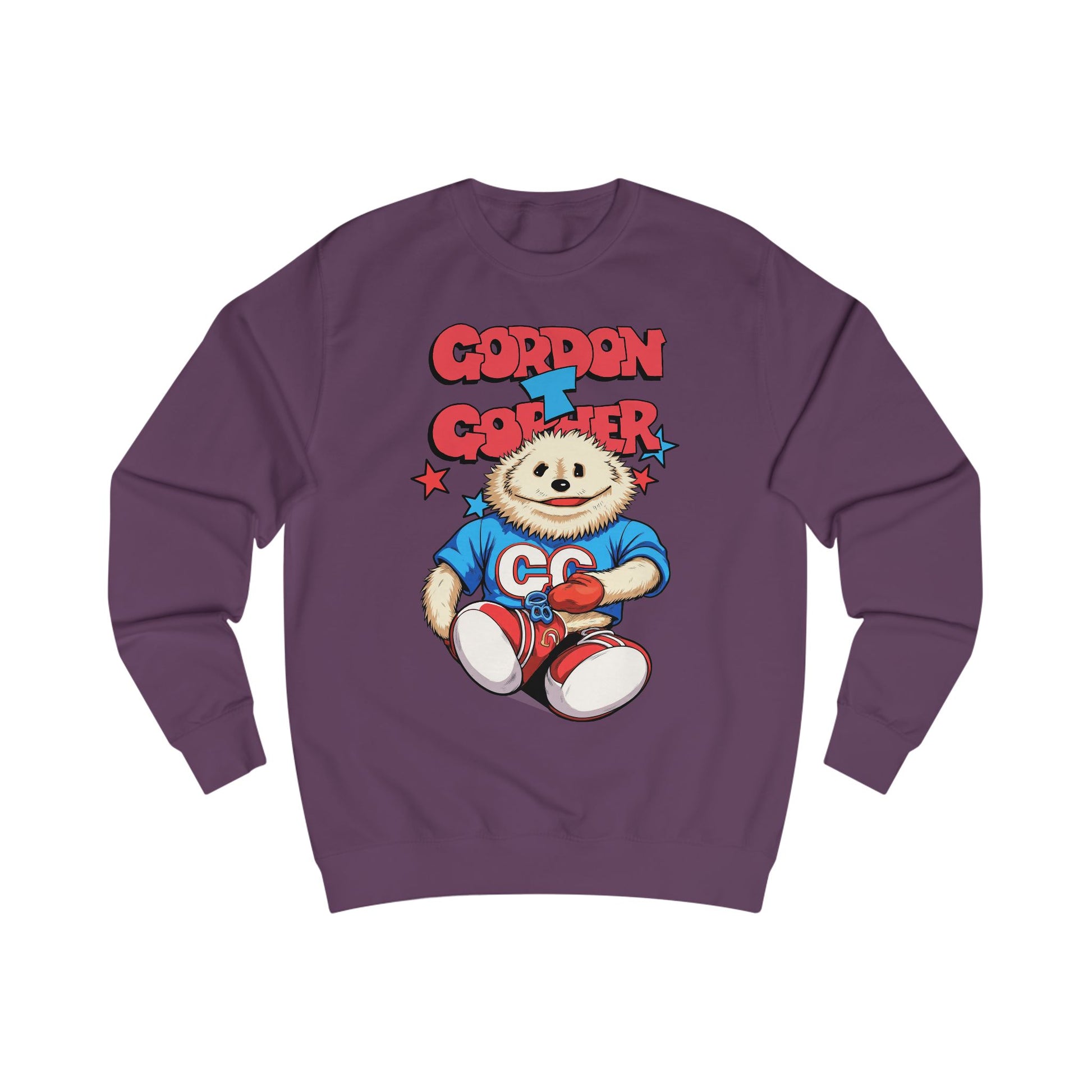 Purple sweatshirt with a cartoon 80s Puppet character and 'Gordon T Gopher' text 