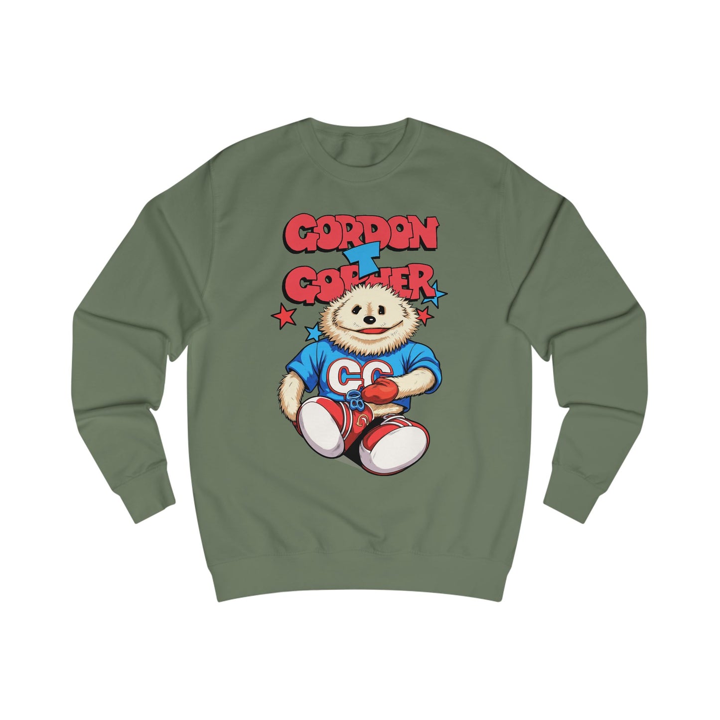 Green sweatshirt with a cartoon 80s Puppet character and 'Gordon T Gopher' text 