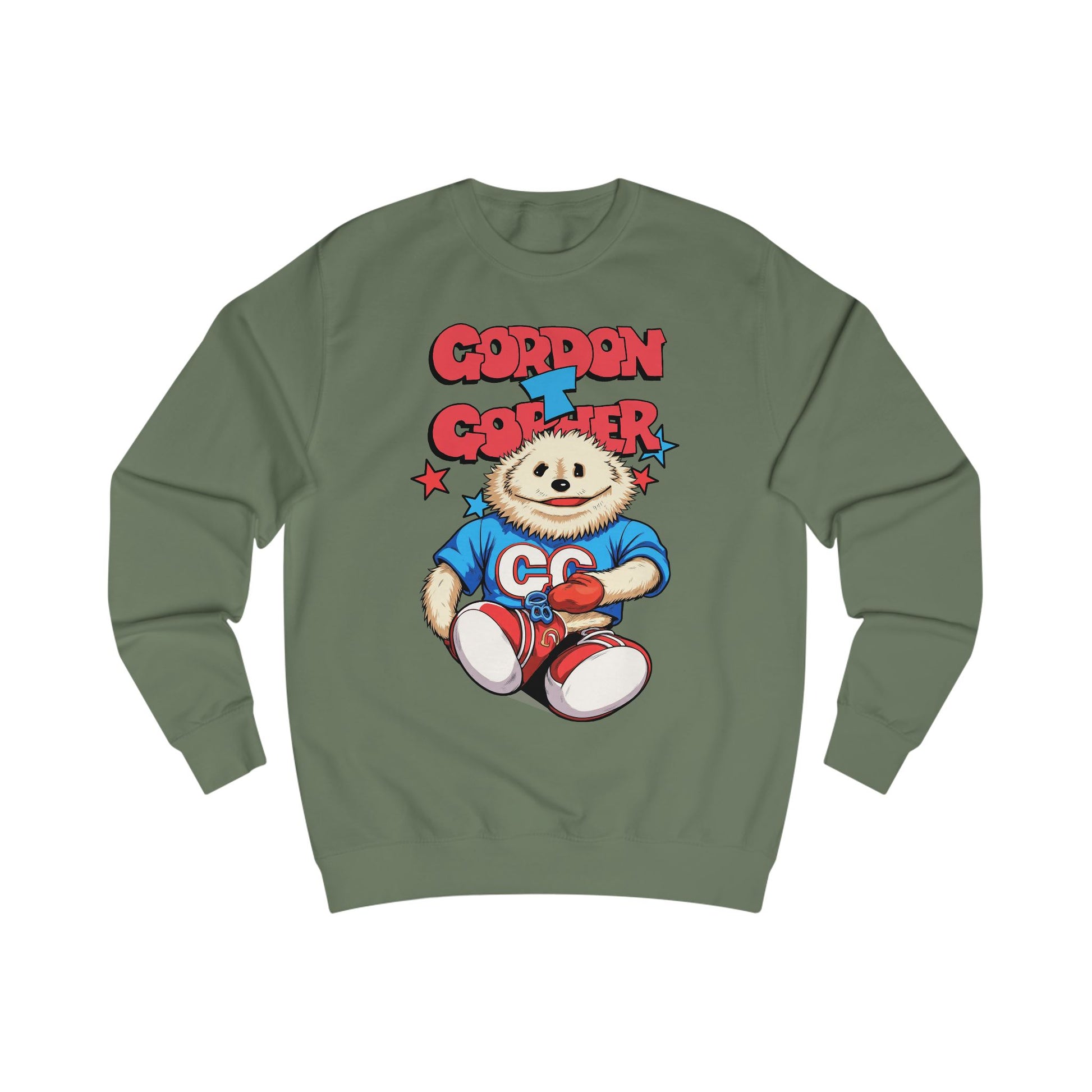 Green sweatshirt with a cartoon 80s Puppet character and 'Gordon T Gopher' text 