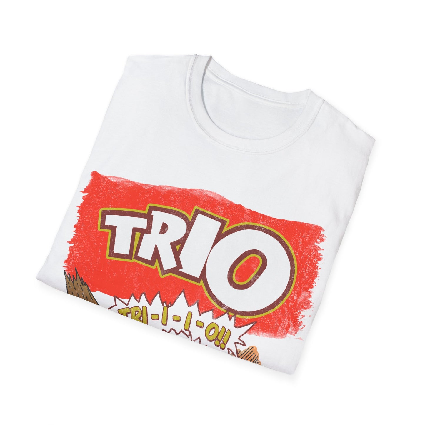 White t-shirt with 'TRIO' graphic design on a white background