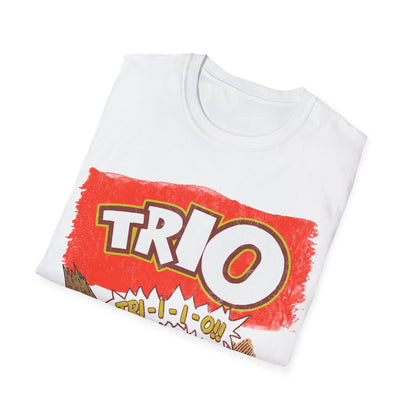 White t-shirt with 'TRIO' graphic design on a white background