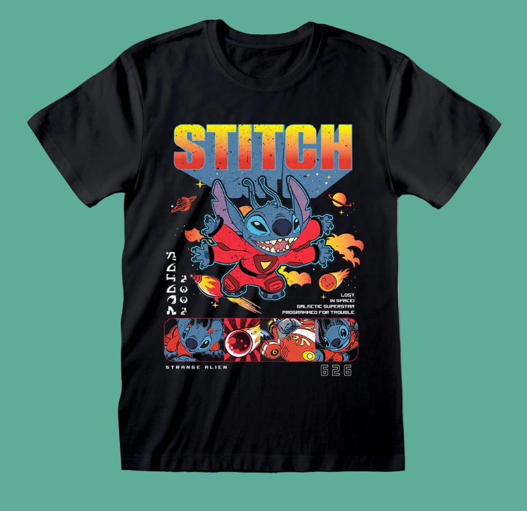 Disney Lilo and Stitch Black t-shirt with colourful 'Stitch' in space graphic design