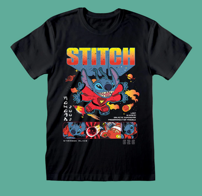Disney Lilo and Stitch Black t-shirt with colourful 'Stitch' in space graphic design