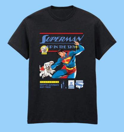 Black t-shirt with Superman and his best friend Krypto graphic design on a white background