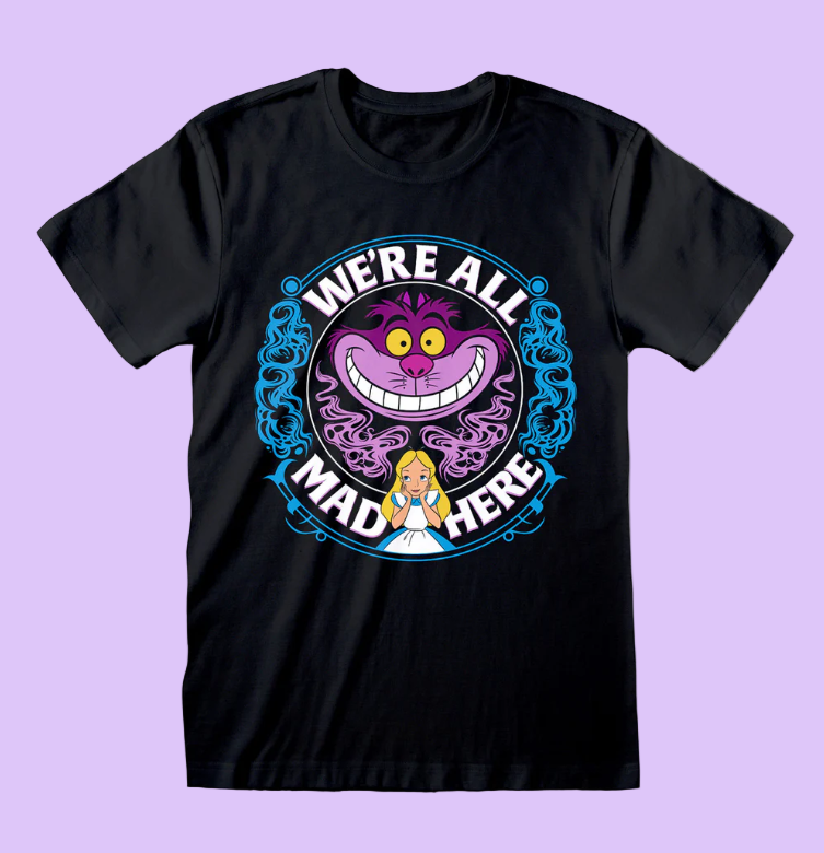 Official Disney Black t-shirt with Cheshire Cat and Alice design and 'We're All Mad Here' text 