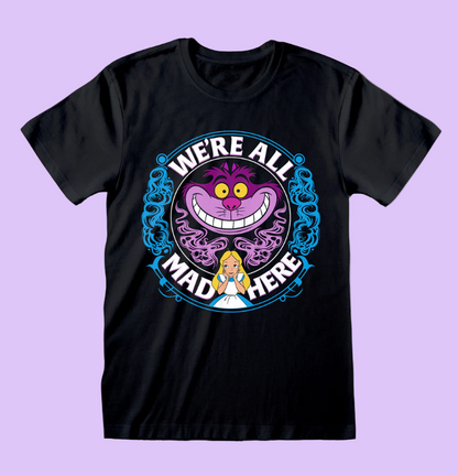 Official Disney Black t-shirt with Cheshire Cat and Alice design and 'We're All Mad Here' text 