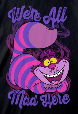 Character with a striped hat and 'We're All Mad Here' text on a black background