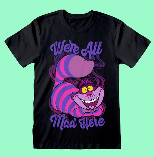 Alice In Wonderland Black t-shirt with a colourful Cheshire Cat graphic and text 'We're All Mad Here' on a white background